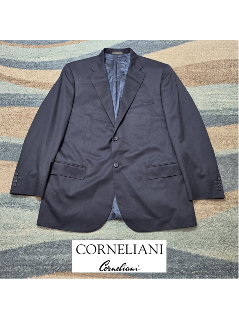 Corneliani Suit 46L Black 100% Virgin Wool Italy Tailored Mens